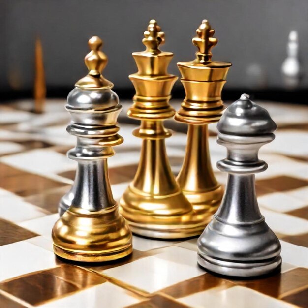 Foto um tabuleiro de xadrez com peças de xadrez nele e um deles tem peças de xadres de cor dourada