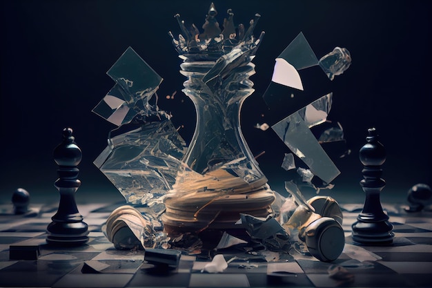Foto um tabuleiro de xadrez com uma peça de xadrez e uma peça de xadrez de vidro quebrado.