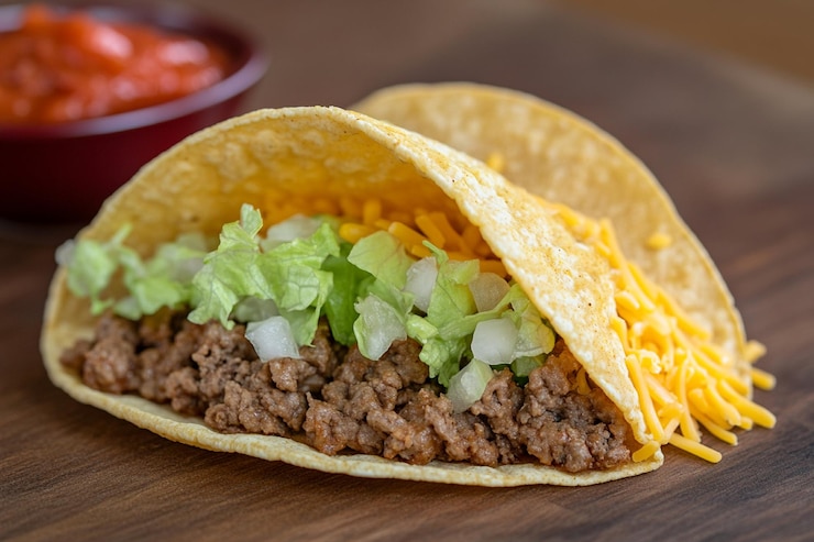 Foto um taco com queijo de alface e salsa.