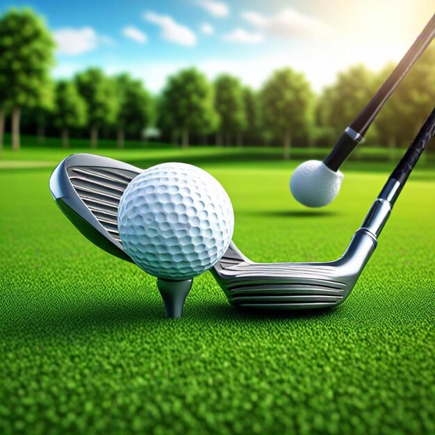 Foto um taco de golfe e uma bola de golfe estão na grama.