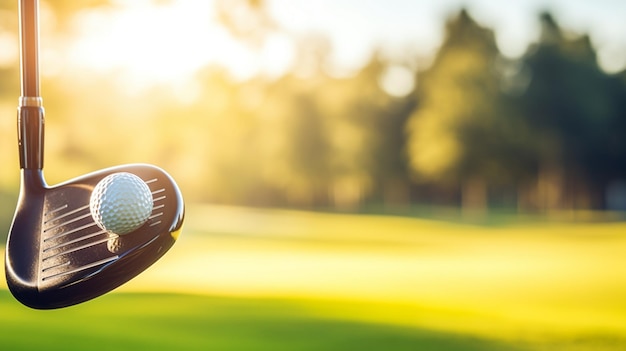 Um taco de golfe prestes a bater na bola.