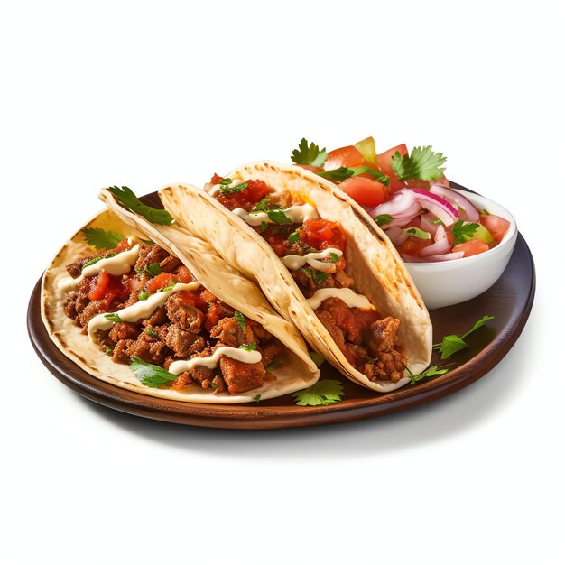 um taco mexicano com carne de vaca em molho de tomate e salsa luz de estúdio isolado em fundo branco