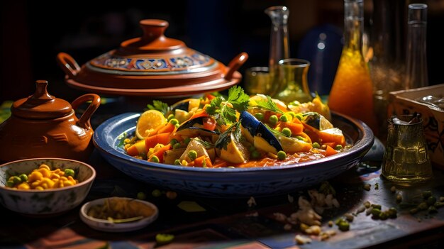 Foto um tagine marroquino, curry indiano e sushi japonês.