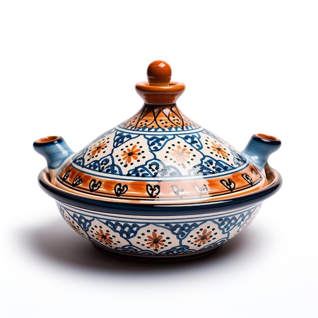 Um Tajine de cerâmica marroquina feito à mão isolado em um fundo branco