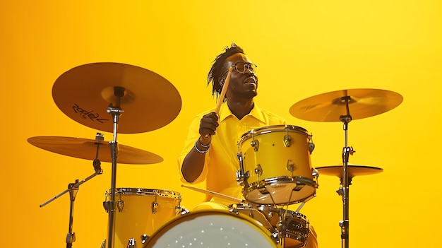 Foto um talentoso baterista vestindo uma camisa amarela e óculos toca a bateria com grande paixão e energia