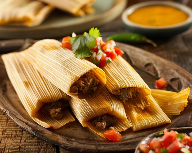 Um tamale cheio de salsa de carne, queijo e tomates, comida tradicional mexicana.