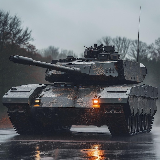 Foto um tanque a conduzir por uma estrada molhada na chuva