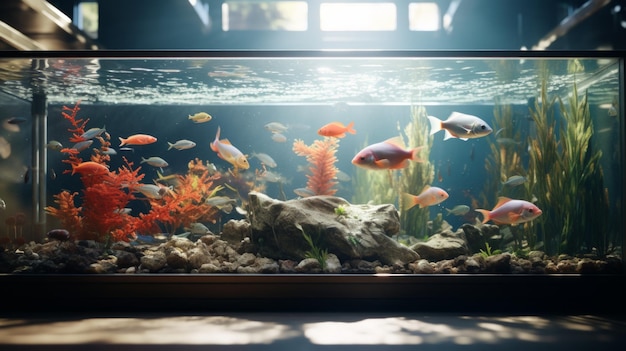 Um tanque de peixes cheio de água em cima de uma mesa de madeira