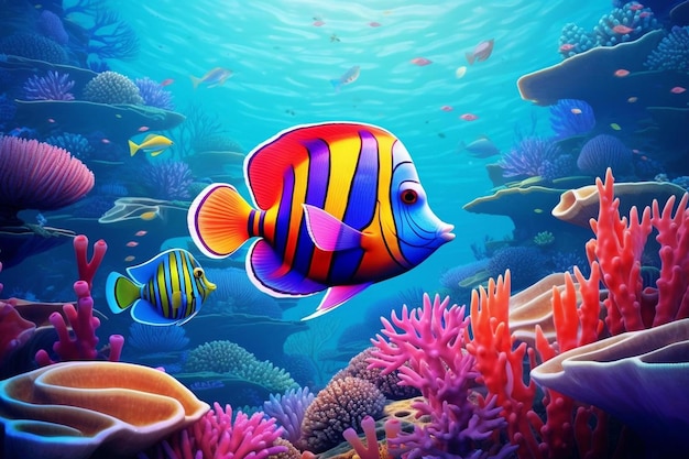 um tanque de peixes colorido com um peixe palhaço colorido e corais