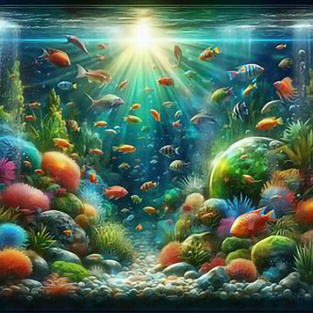 um tanque de peixes com muitos peixes tropicais coloridos nadando em torno dele