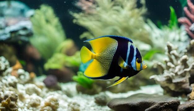 Foto um tanque de peixes com um peixe amarelo e azul nele