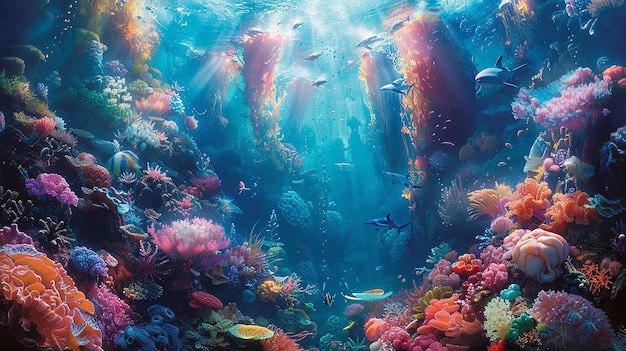 um tanque de peixes com uma grande quantidade de corais e peixes