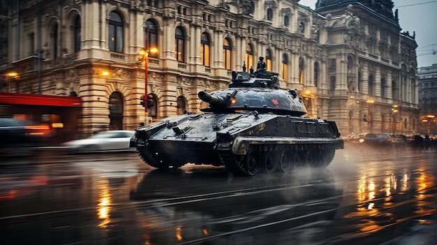 Foto um tanque está a descer a rua na chuva.