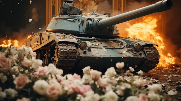 Foto um tanque está em chamas na frente de flores ai