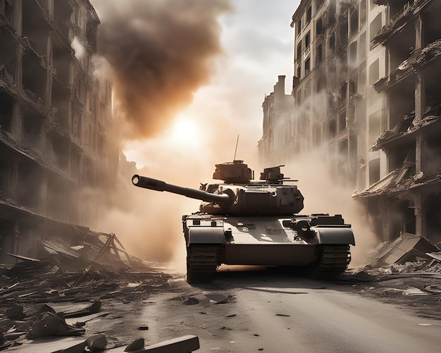 Um tanque lutando em uma cidade destruída