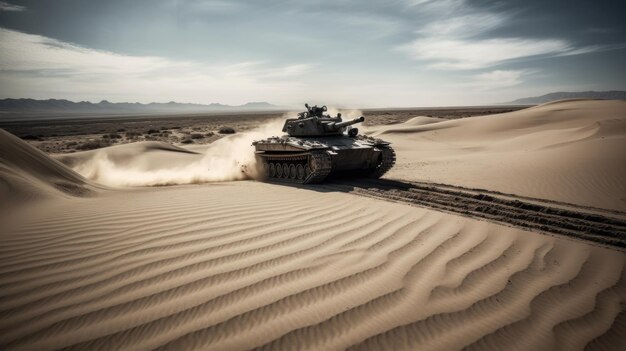 Um tanque militar abrindo caminho através de uma vasta paisagem desértica, seus rastros pesados deixando marcas profundas na areia