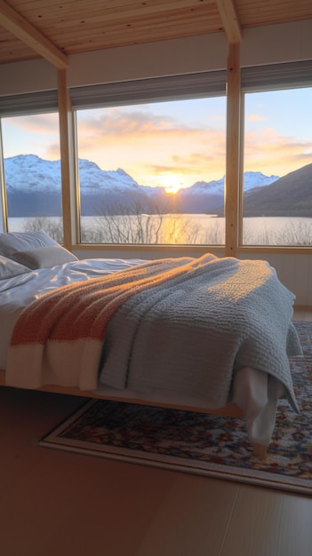 Um tapete com vista para as montanhas e uma cama com um cobertor em cima
