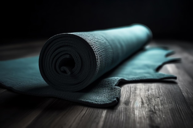 Um tapete de ioga azul sobre um piso de madeira