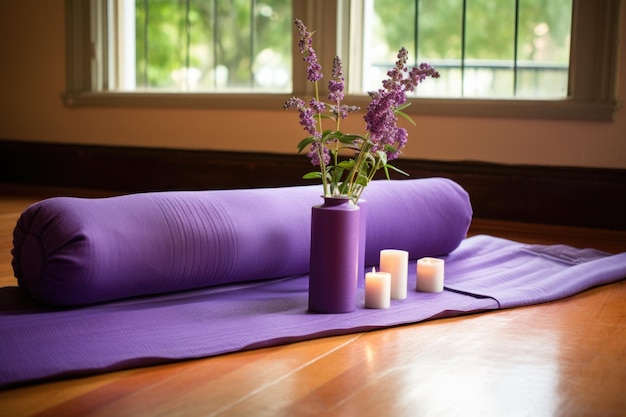 Foto um tapete de ioga e duas almofadas de lavanda que induzem a calma