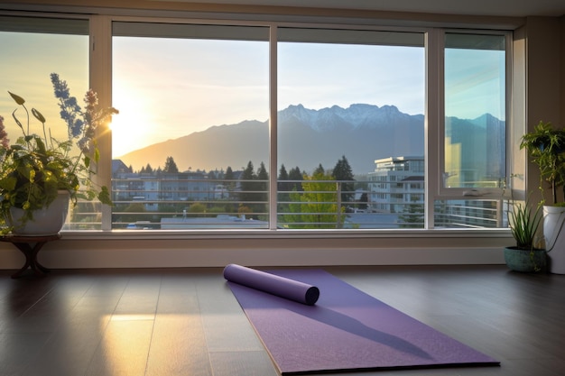 Um tapete de ioga montado ao lado de uma janela imensa com uma vista serena