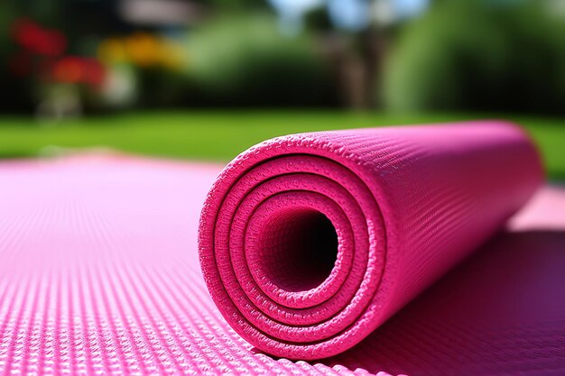 Um tapete de ioga rosa em um cenário tranquilo