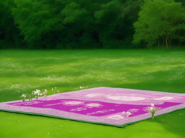 Um tapete de oração em uma grama verde cercada de árvores