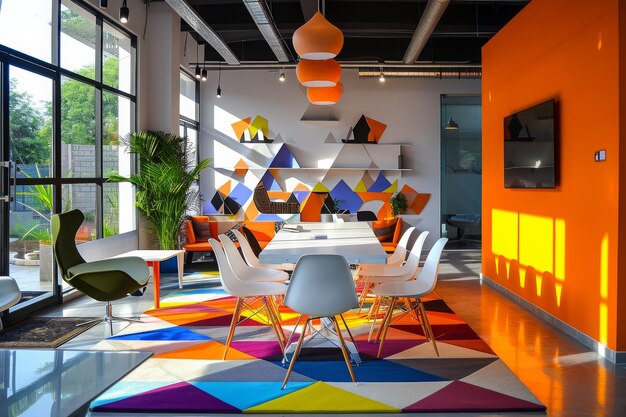 Foto um tapete multicolorido vibrante adiciona um toque animado a uma sala generosa com ampla luz natural um escritório de startup com decorações coloridas gerado por ia