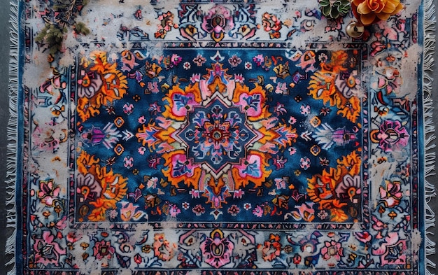 Um tapete persa com um elaborado padrão central e bordas franjas oferece um vislumbre da antiga arte de fazer tapetes