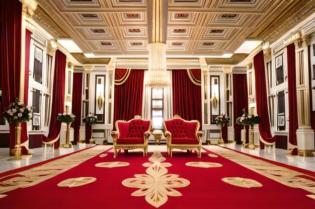Um tapete vermelho com um desenho dourado na parte inferior.