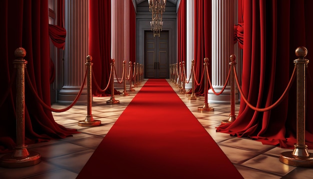 Um tapete vermelho com uma barreira de corda dourada.