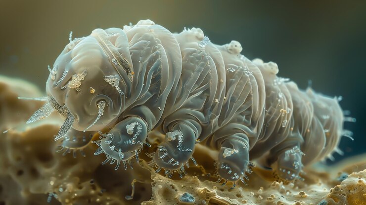 Foto um tardígrado microscópico também conhecido como urso de água com seu corpo translúcido e inúmeras pernas
