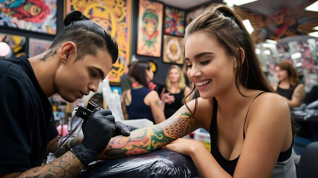 Um tatuador experiente está a fazer uma tatuagem para uma jovem atraente num salão de tatuagens.