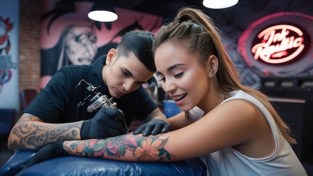 Foto um tatuador experiente está a fazer uma tatuagem para uma jovem atraente num salão de tatuagens.