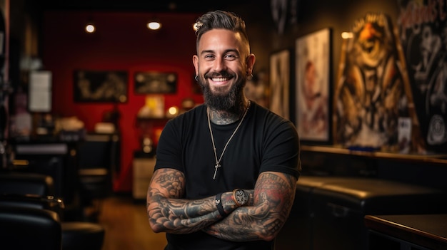 Um tatuador masculino em um estúdio de tatuagem