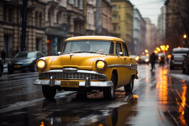 Foto um táxi amarelo dirigindo pelas ruas de moscou, rússia