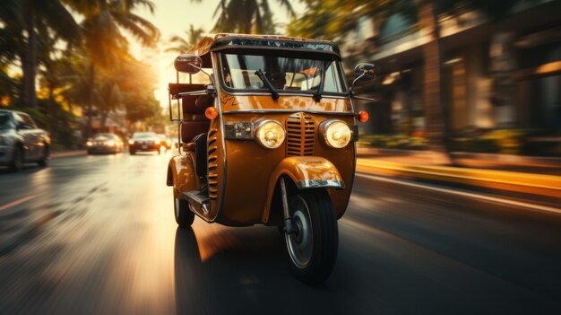 Um táxi triciclo antigo a atravessar a rua da cidade tropical ao pôr-do-sol