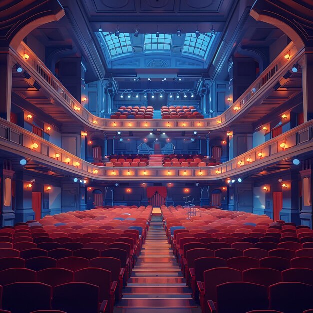 um teatro com assentos vermelhos e um palco generativo ai