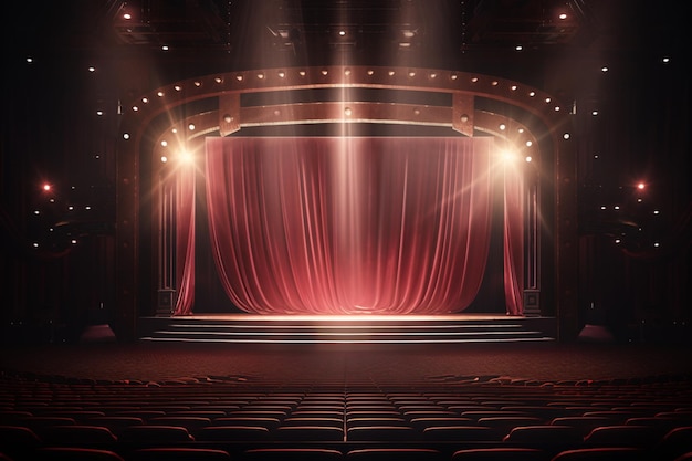 Um teatro com cortina vermelha e um palco com cortina de palco.