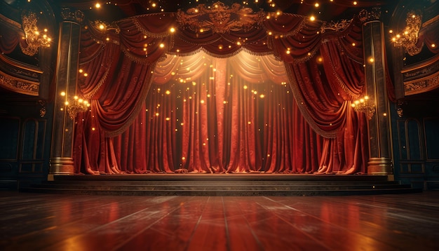 Foto um teatro com cortinas vermelhas e acabamento dourado