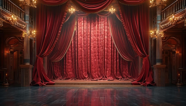 Foto um teatro com cortinas vermelhas e acabamento dourado