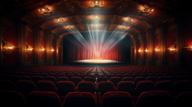 um teatro com cortinas vermelhas e um palco