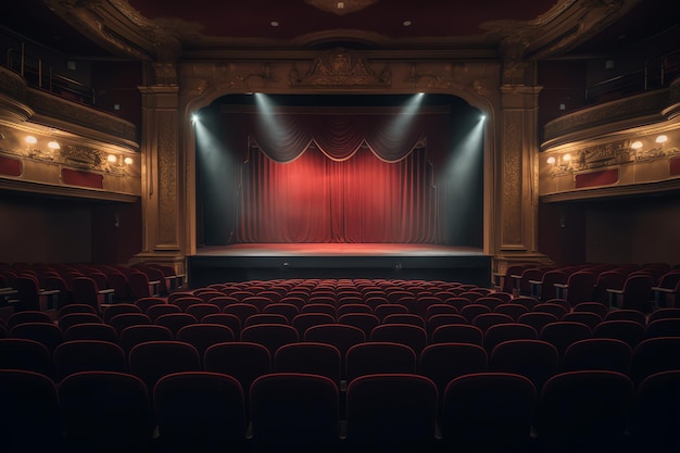 Um teatro com cortinas vermelhas e uma cortina vermelha que diz 'a palavra teatro'