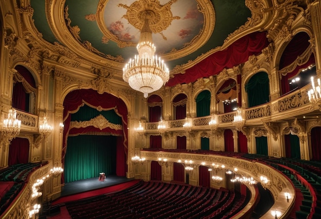 um teatro com uma cortina verde que diz " o nome da ópera "