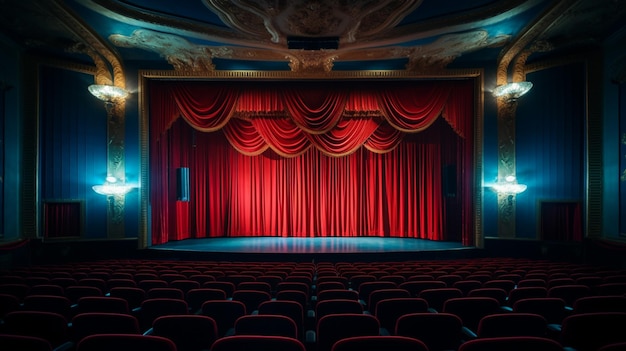 Um teatro com uma cortina vermelha e um spotlight no lado esquerdo.