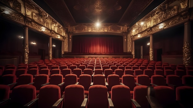 Um teatro com uma cortina vermelha e uma cortina vermelha.