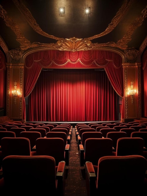 Foto um teatro com uma cortina vermelha que diz “o teatro”.