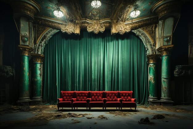 Foto um teatro vazio e desolado com cortinas desbotadas geradas por ia.