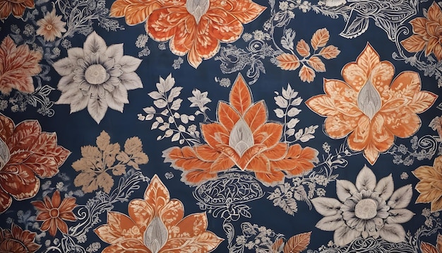 Um tecido floral azul e laranja com flores e folhas