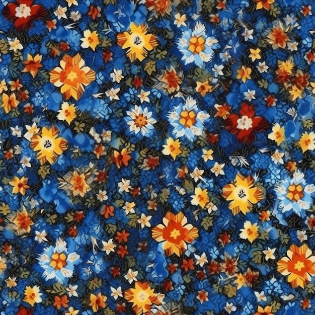 Um tecido floral azul e vermelho com fundo azul e flores laranja.
