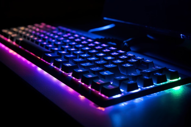 Um teclado com as luzes acesas e o teclado iluminado.